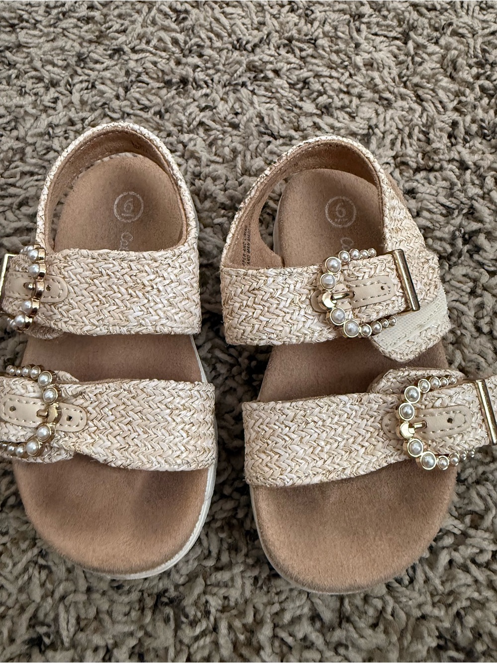 Cat & Jack Beige Woven Sandals with Pearl Buckles